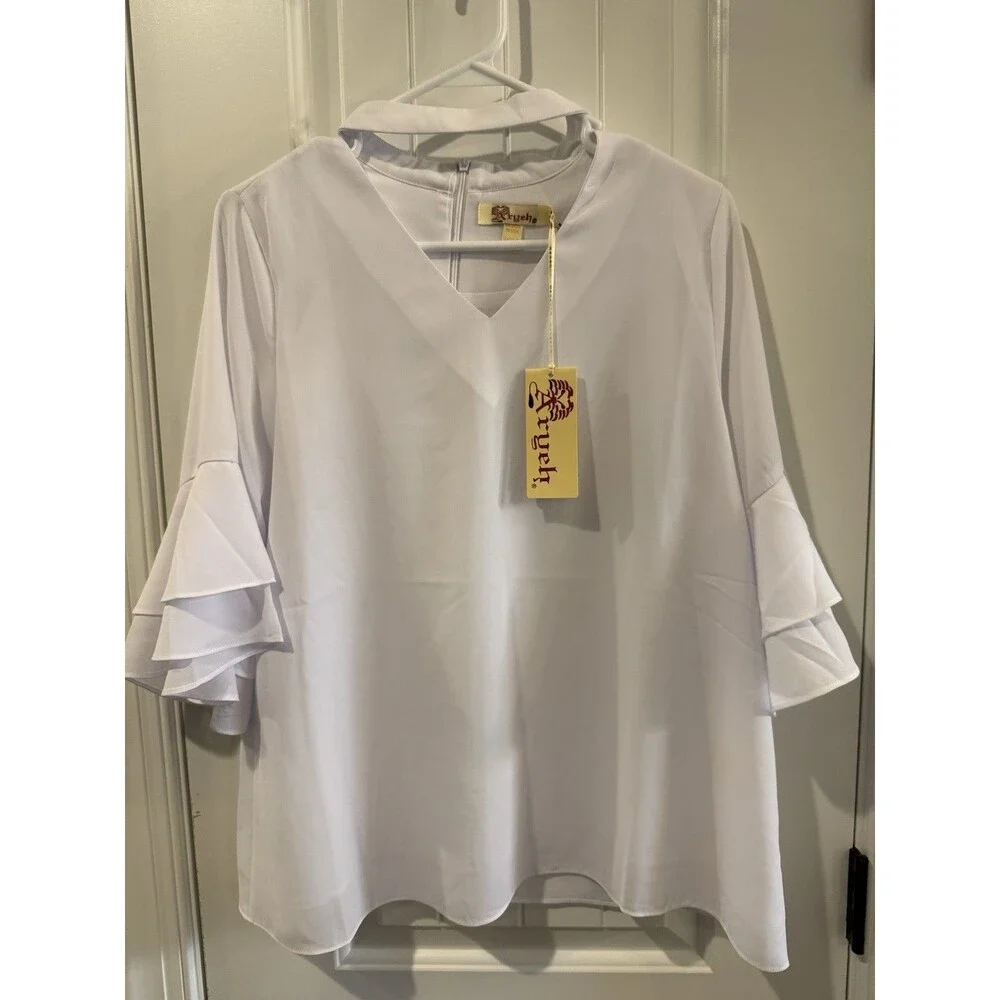 Aryeh Womens M White Solid Choker Top Blouse Ruffle Keyhole 3/4 Sleeve TP-Y-690 - Picture 1 of 9